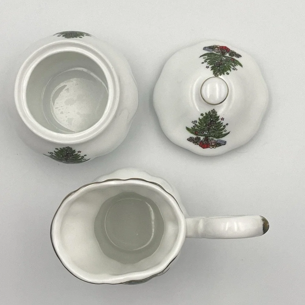 Vintage 1980s‎ Christmas Tree Creamer & Sugar Set Taiwan Porcelain Gold Trim